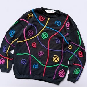 Vintage Rafaella Petites Black Sweater Multicolor Knit Cord Detail S